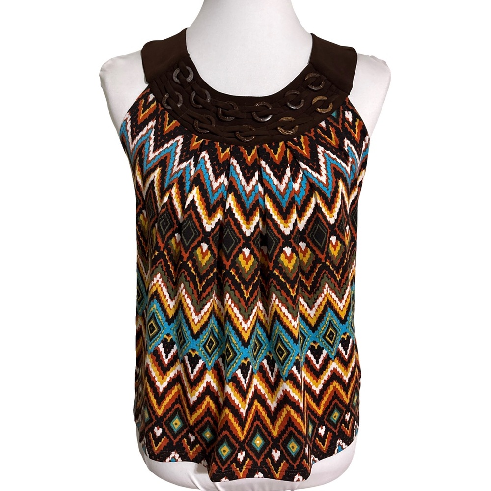New Directions Brown Multicolor Chevron Blouse